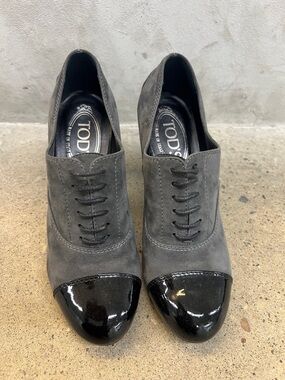 Tod's Gray Suede Lace-Up Heels with Black Patent Cap Toe